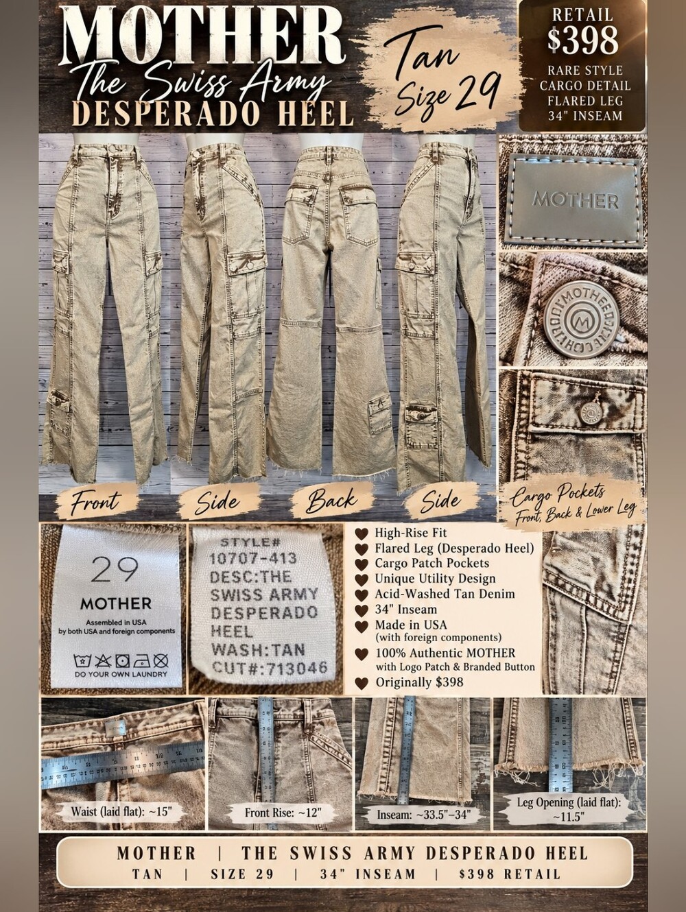 MOTHER Swiss Army Desperado Heel High Rise Cargo Jeans 29 Tan